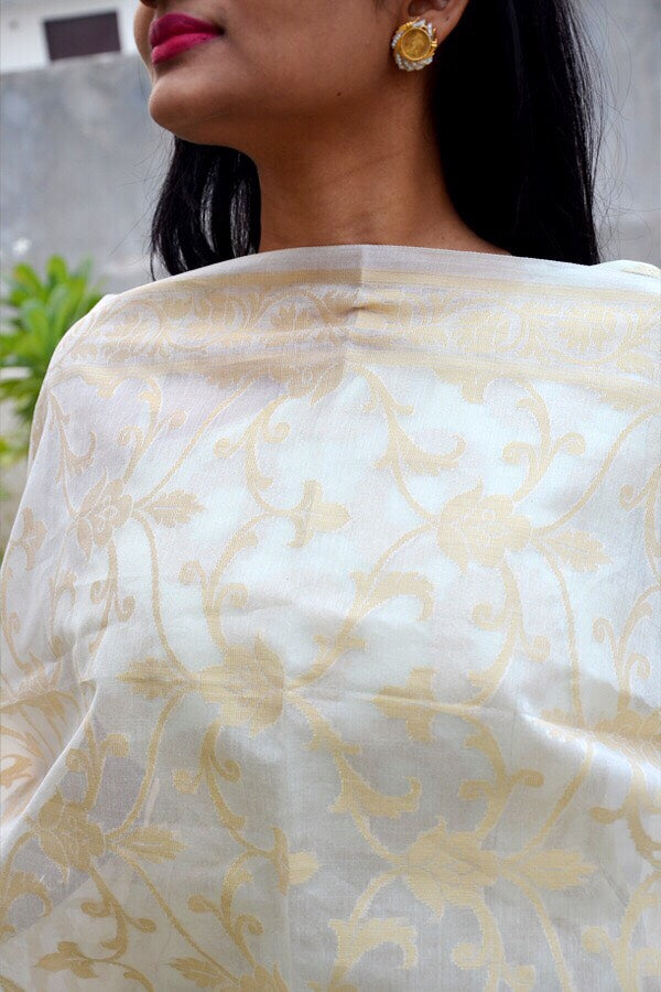 Off White Pure Chanderi Zari Woven Dupatta
