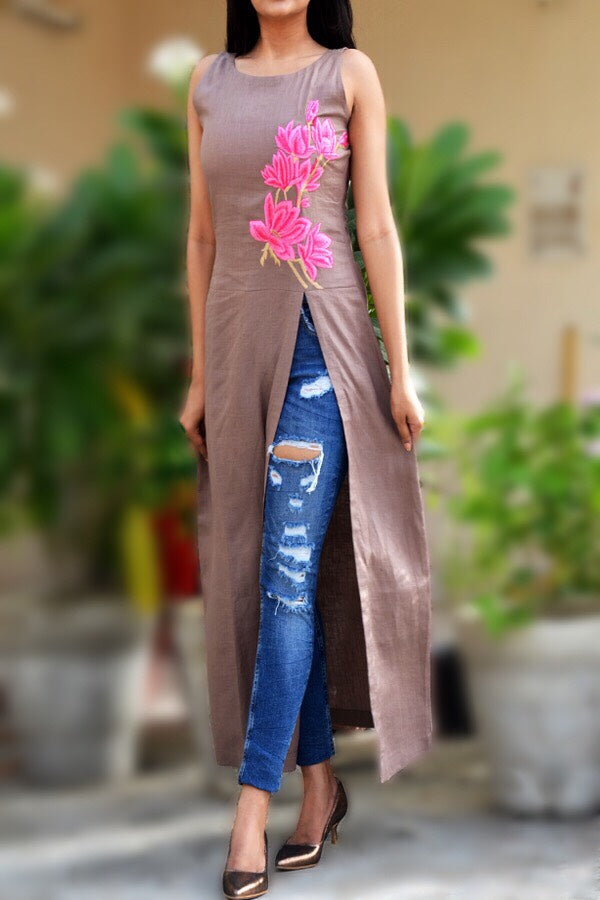 Pastel Brown Linen Embroidered A-Line Kurti