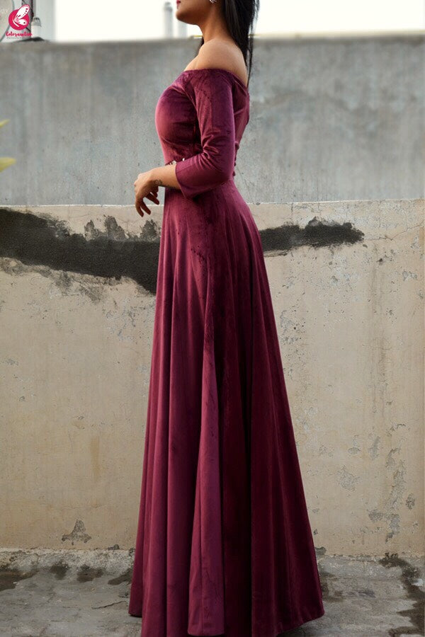 Wine Velvet off Shoulder Padded Gown