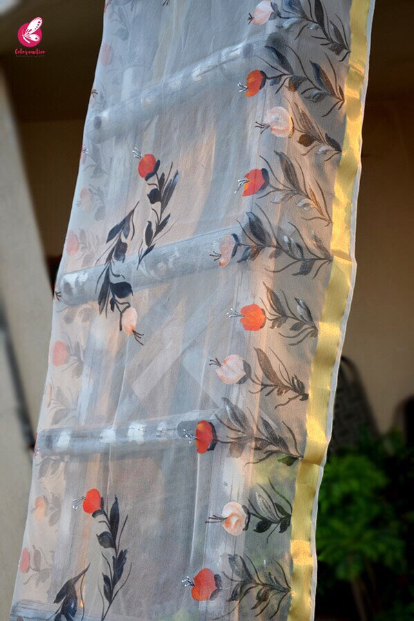 White Organza Floral Hand painted Stole