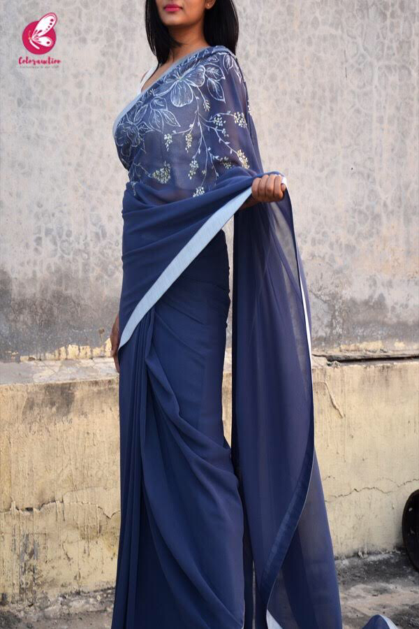 Blue-Grey Georgette Handpainted Saree