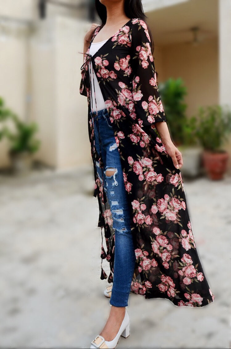 Black Printed Georgette Long Floral Shrug