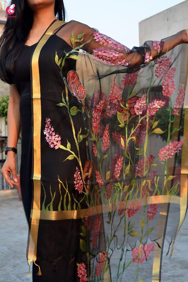 Black Handpainted Butterfly Floral Stole