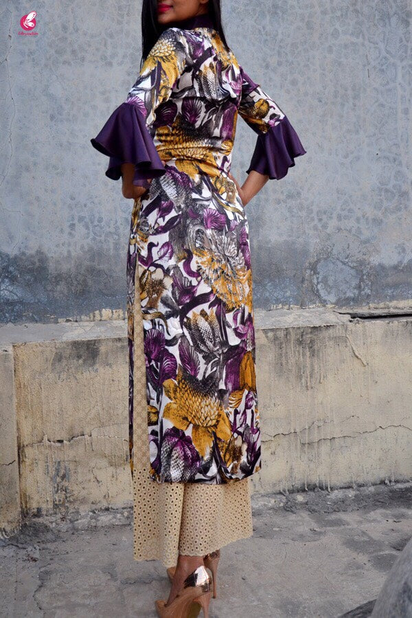 Purple Satin Printed Quarter Sleeves Kurti