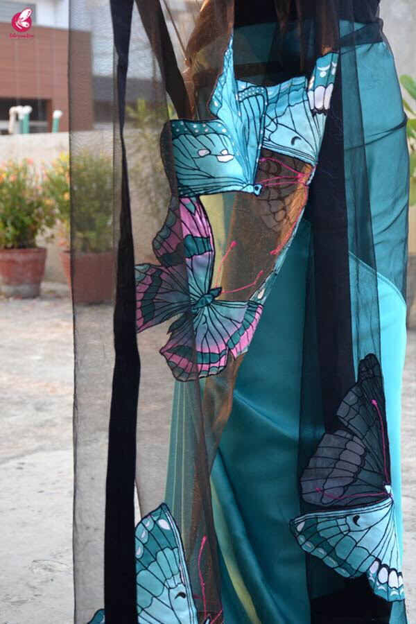 Seagreen Satin Applique Saree