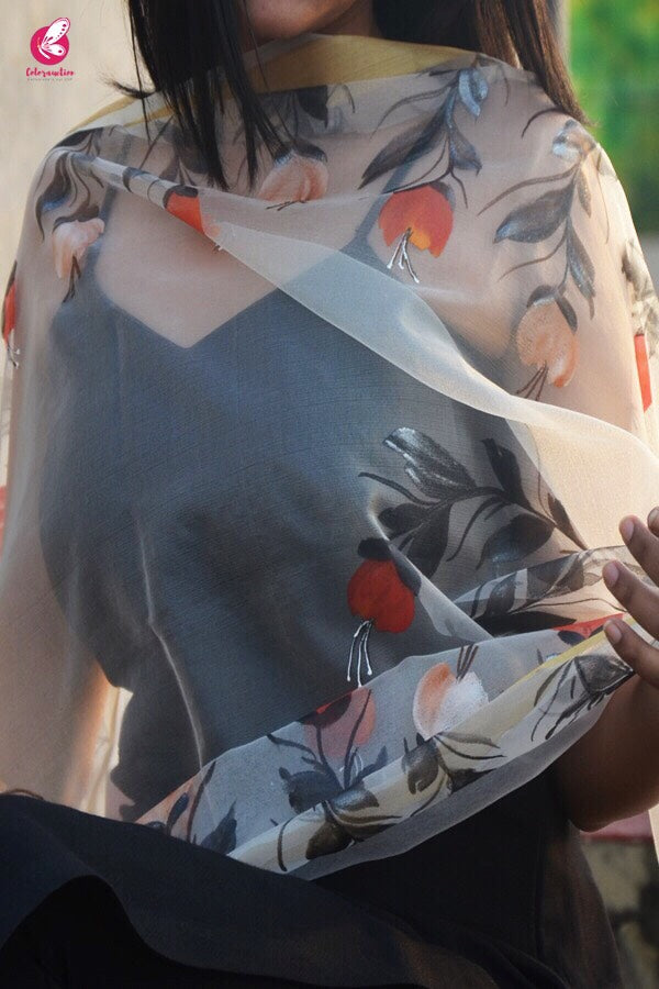 White Organza Floral Hand painted Stole