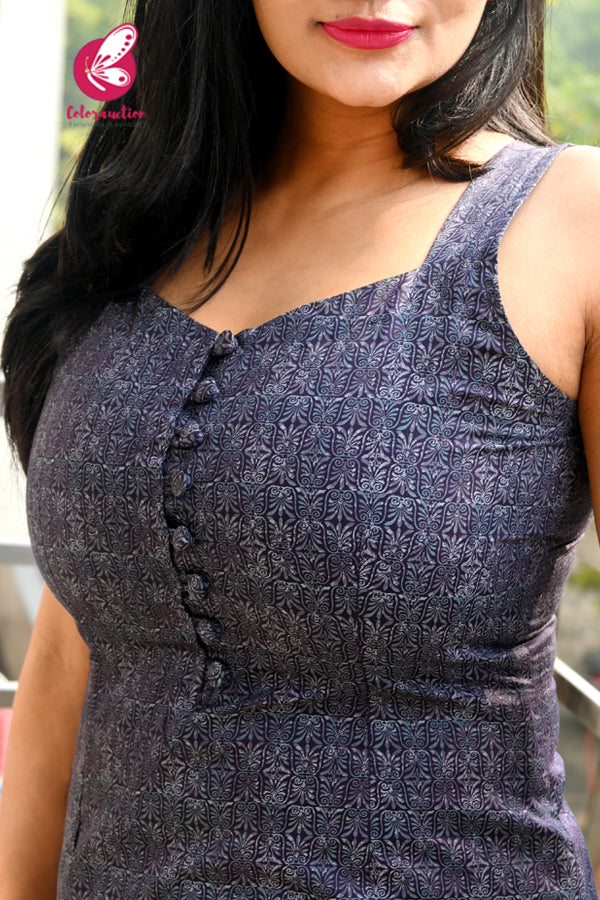 Blue-Purple Printed Sleeveless Cotton Silk Kurti With Lilac Pin-tucks Detailing Cotton Silk Pants