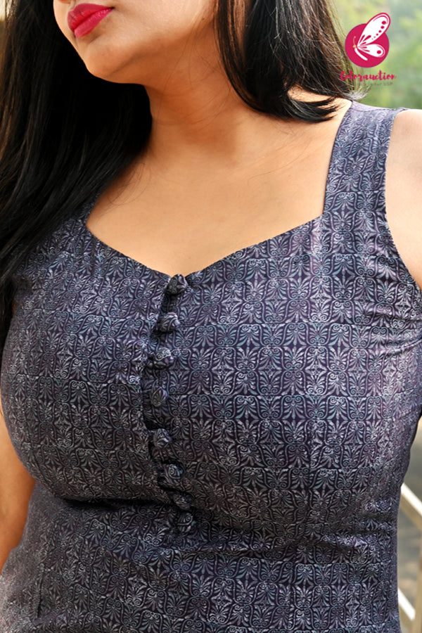 Blue-Purple Printed Sleeveless Cotton Silk Kurti With Lilac Pin-tucks Detailing Cotton Silk Pants
