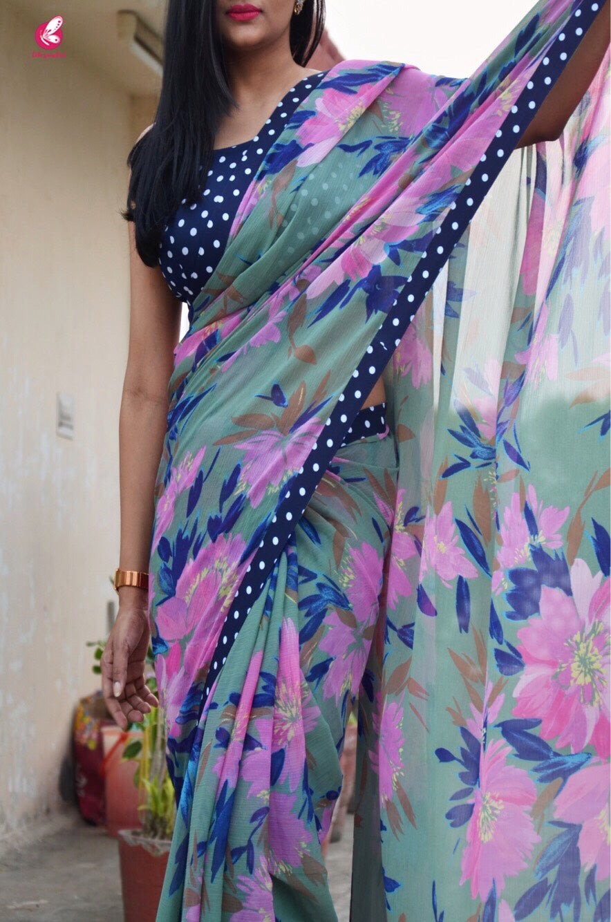 Printed Multicolour Chiffon Saree