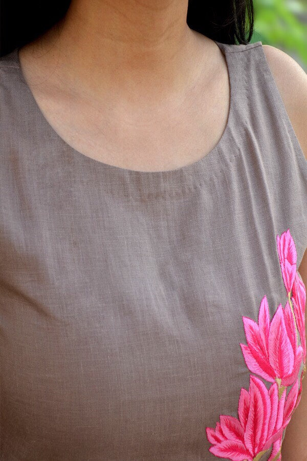 Pastel Brown Linen Embroidered A-Line Kurti