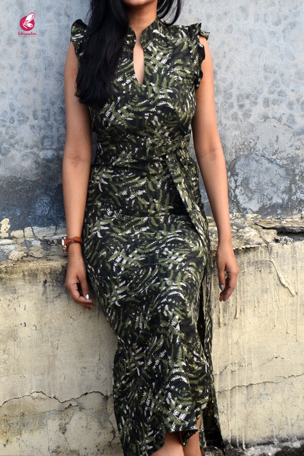 Military Green Crepe Side Slit Maxi Dress