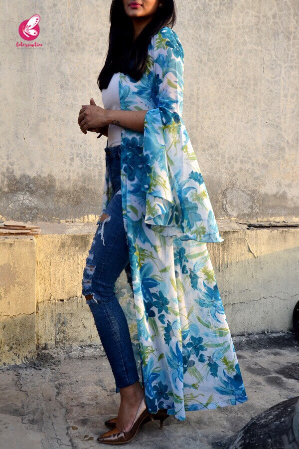 White Printed Georgette Long Shrug