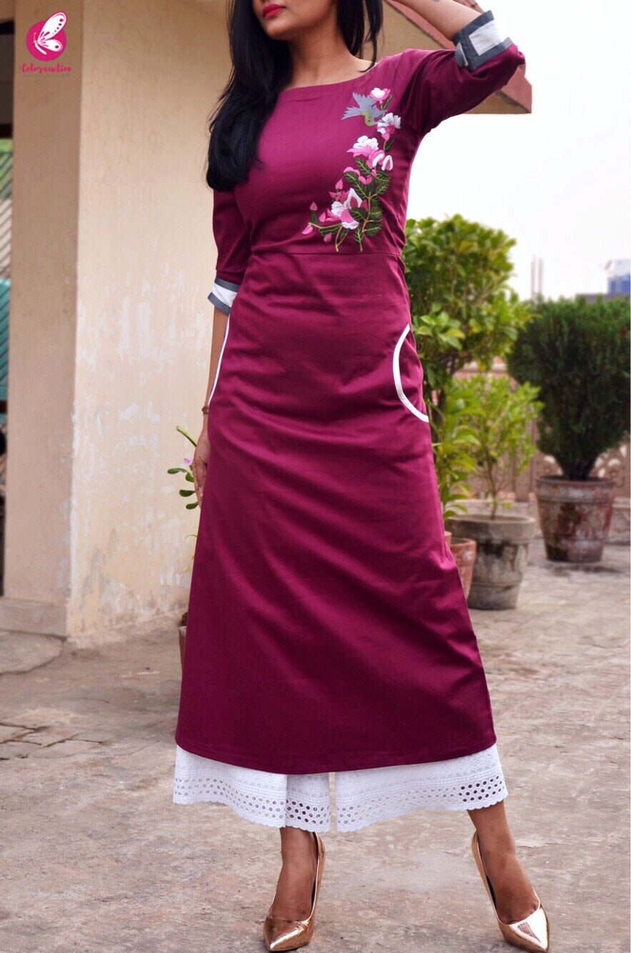 Wine Sarton Lycra Embroidered A-Line Kurti