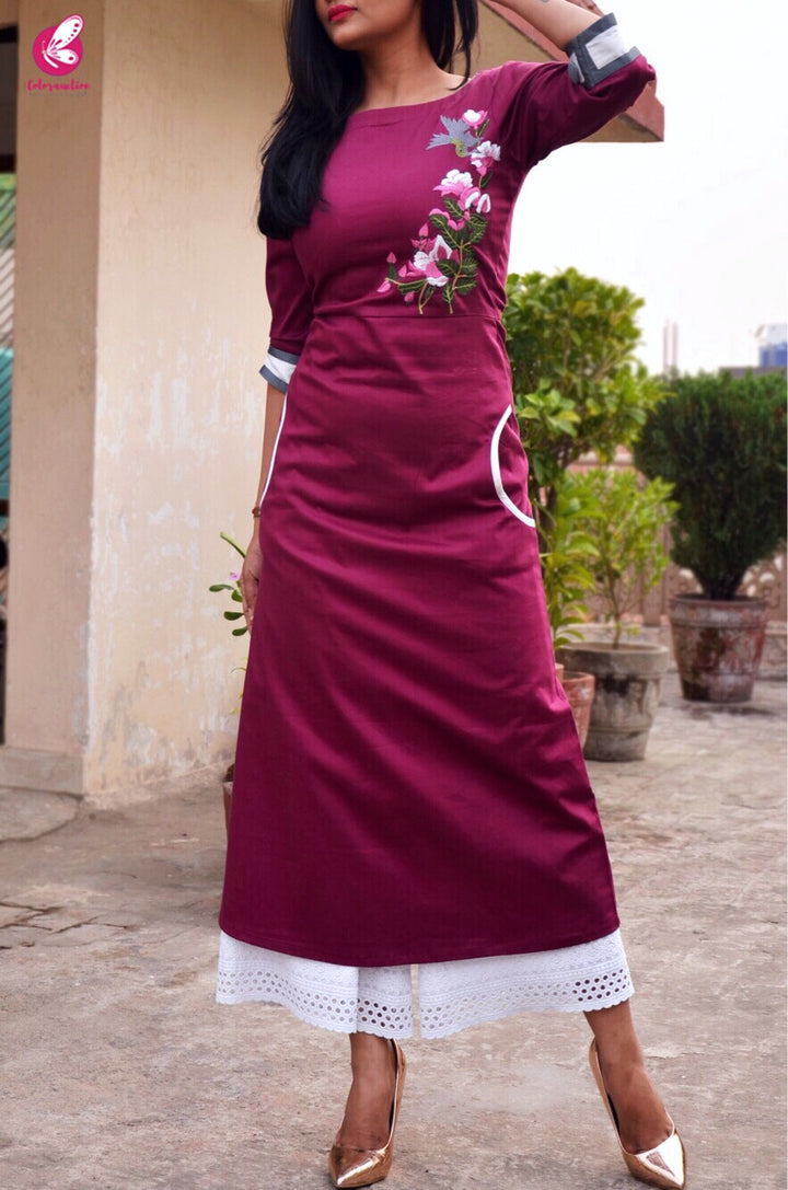 Wine Sarton Lycra Embroidered A-Line Kurti
