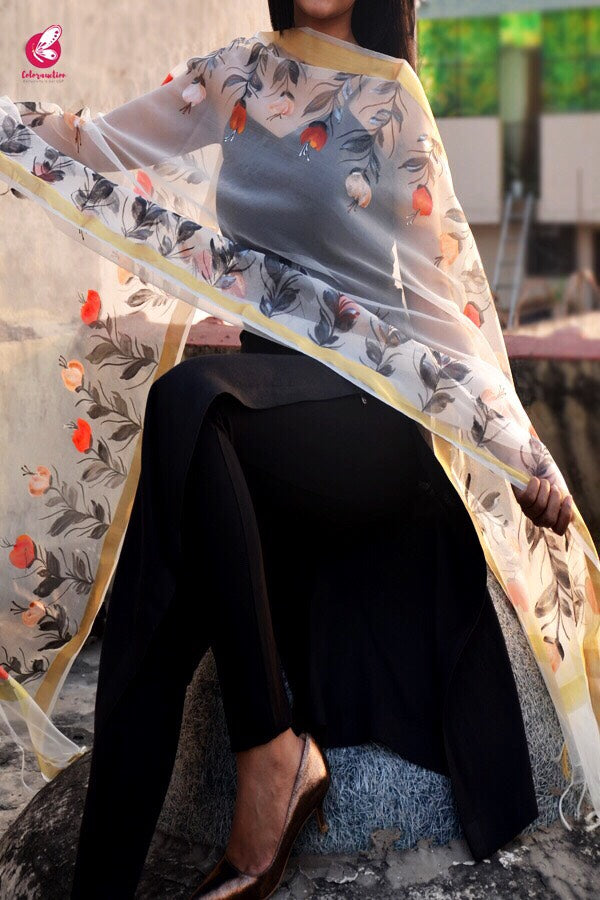 White Organza Floral Hand painted Stole