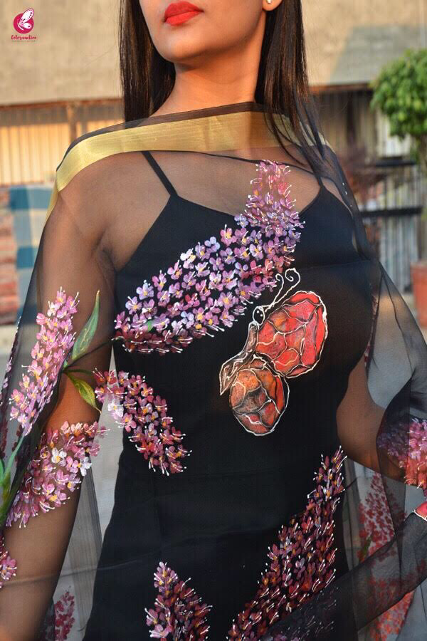 Black Handpainted Butterfly Floral Stole