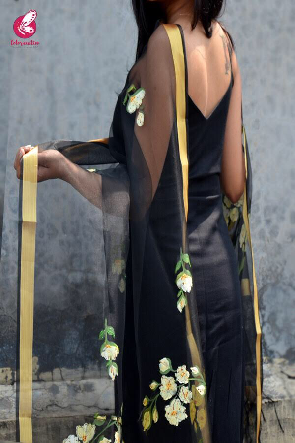 Black Organza Floral Hand Painted Stole