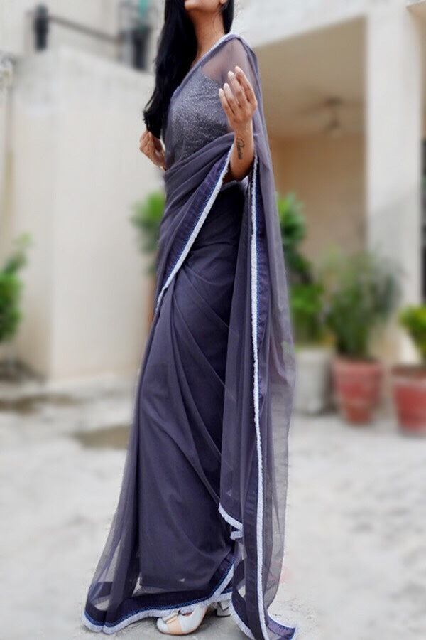 Grey Net Tassel Lace Border Saree