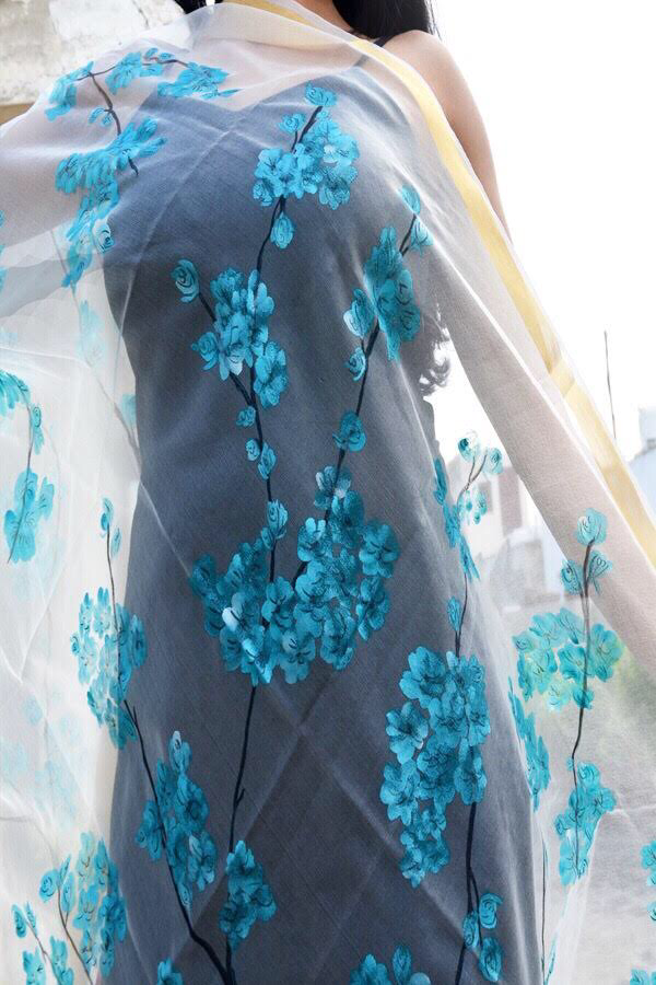 Off White Organza Hand painted Stole