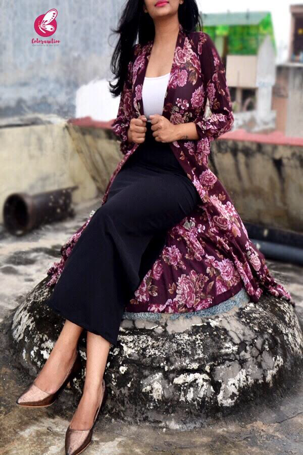 Mauve Georgette Printed Floral Shrug