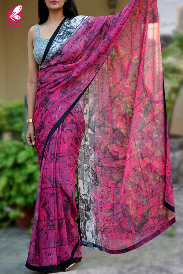 Grey and Pink Printed Georgette Saree