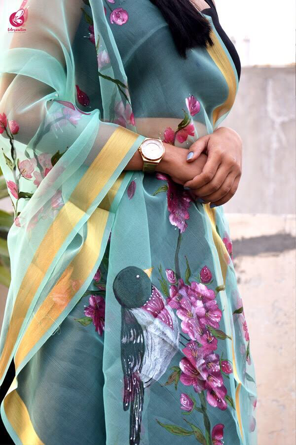 Pista Green Handpainted Floral Organza Stole