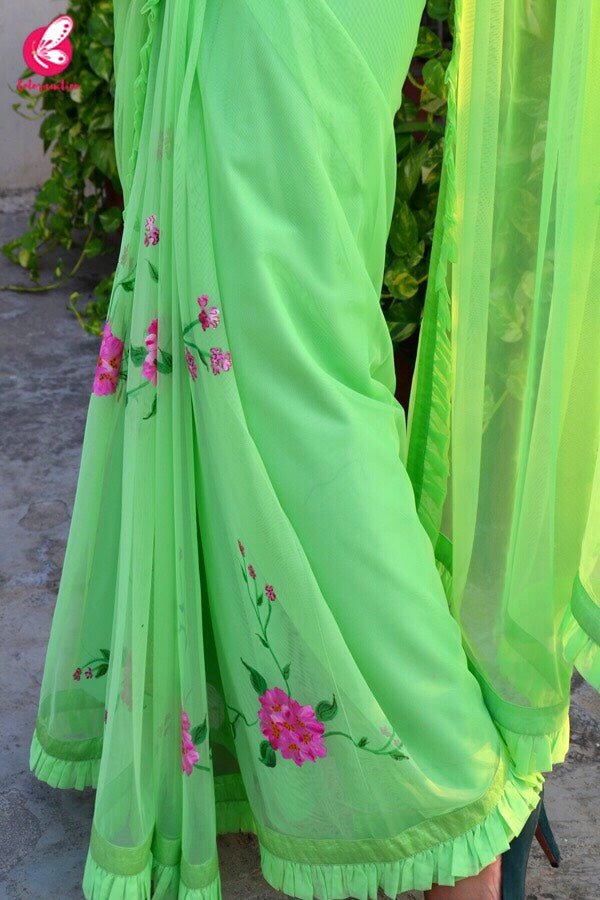 Neon Green Net Handpainted Saree