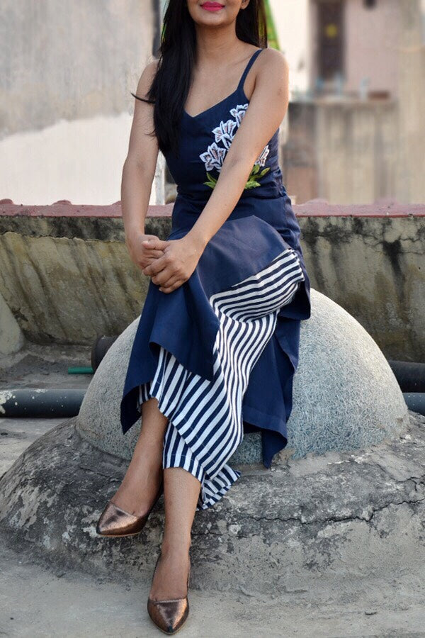 Blue Embroidered Kurti with Vertical Stripes Palazzo