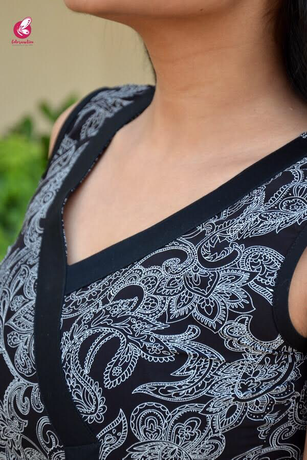 Black Crepe Printed A-Line Kurti