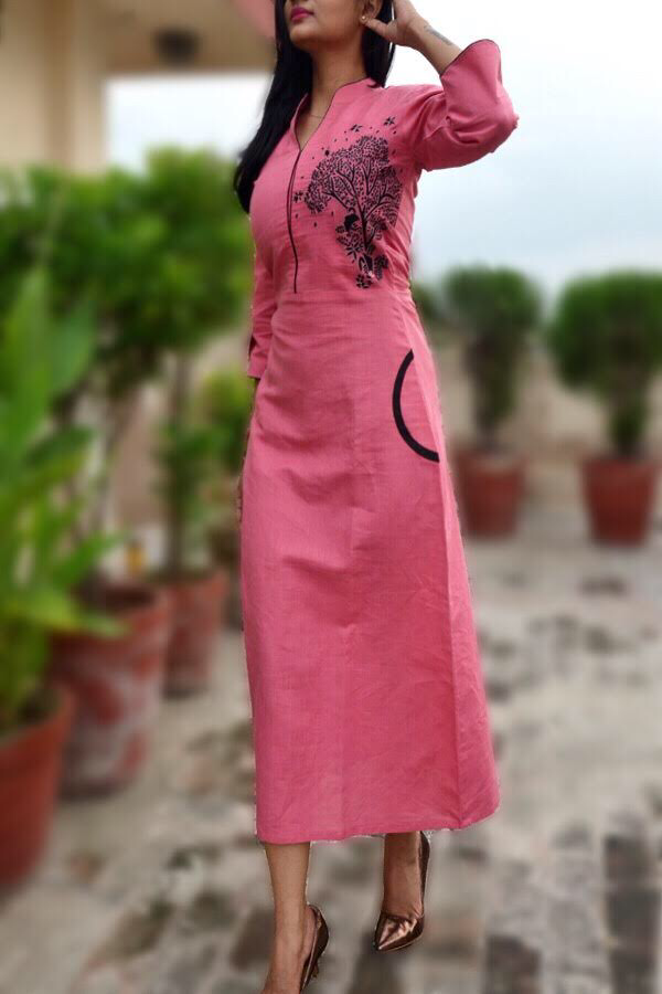 Carrot-red Embroidered A-Line Kurti Dress