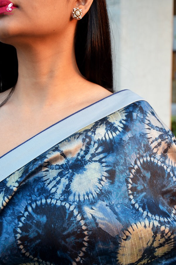 Blue &amp; Grey Printed Silk Border Saree