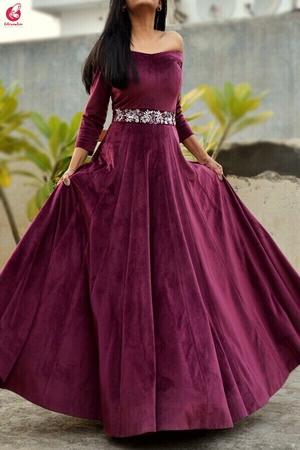 Wine Velvet off Shoulder Padded Gown