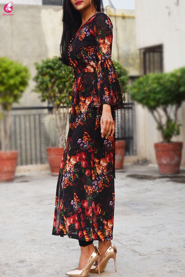 Black Printed Georgette Long Kurti