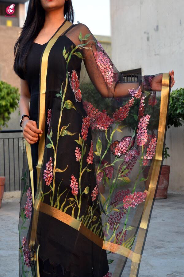 Black Handpainted Butterfly Floral Stole