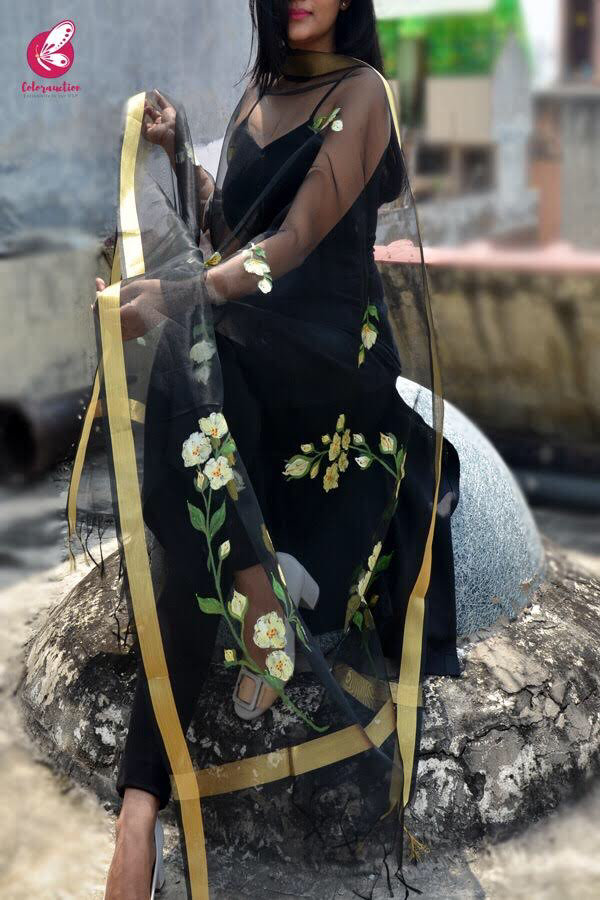 Black Organza Floral Hand Painted Stole