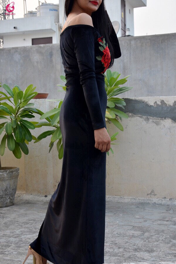 Black Padded Velvet Maxi Cocktail Dress