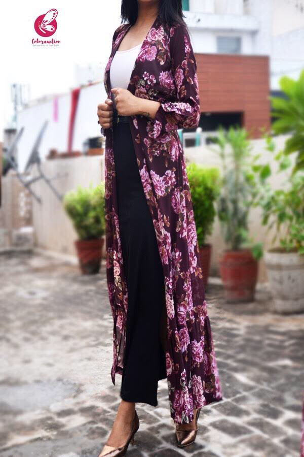 Mauve Georgette Printed Floral Shrug