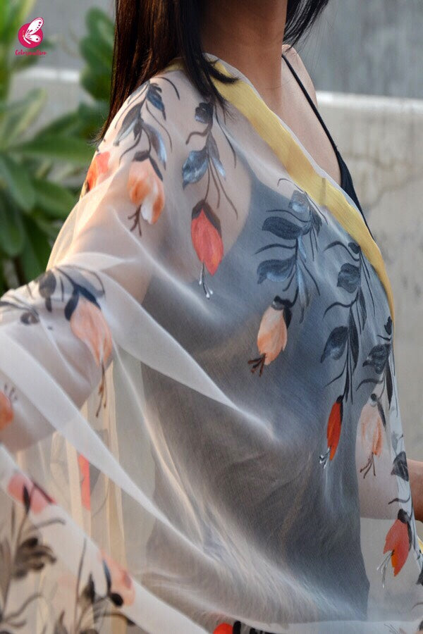 White Organza Floral Hand painted Stole
