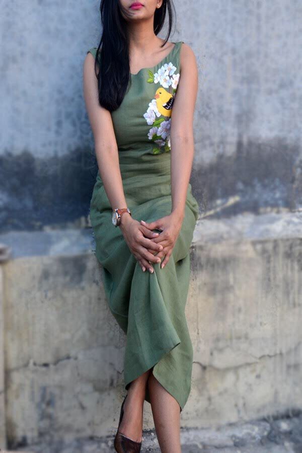 Green Linen Embroidered A-Line Kurti Dress