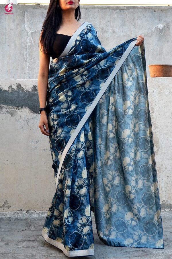 Blue & Grey Printed Silk Border Saree