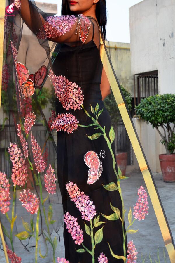 Black Handpainted Butterfly Floral Stole