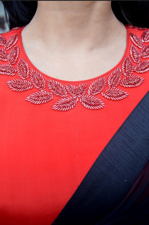 Red Crepe Beads Handwork Padded Keyhole Back Blouse