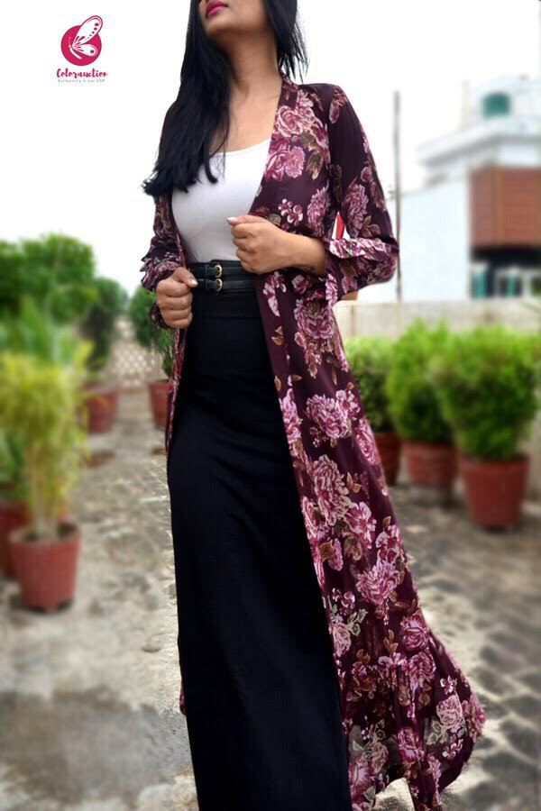 Mauve Georgette Printed Floral Shrug