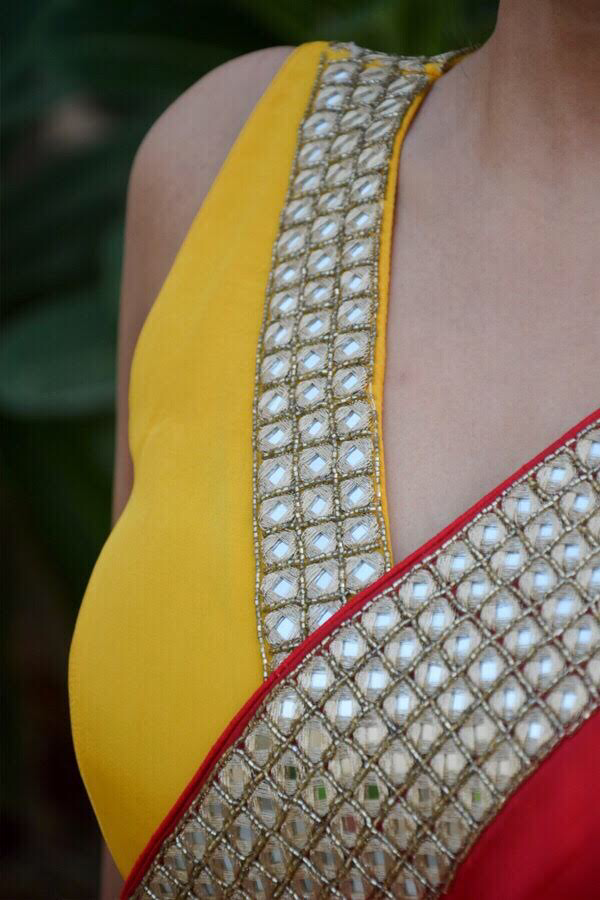 Red Crepe Mirror Handwork Designer Saree