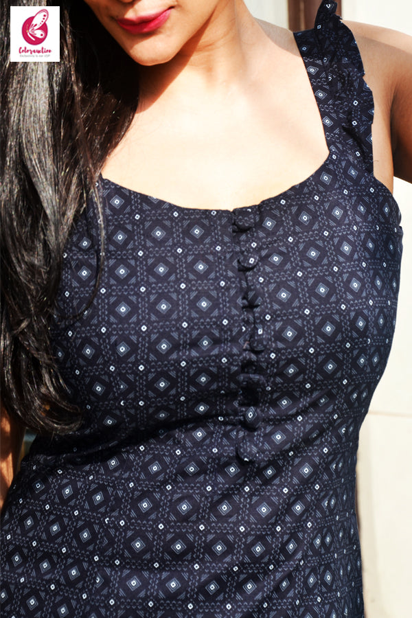 Black Printed Frill Sleeves Front Button Detailing Kurti | Colorauction
