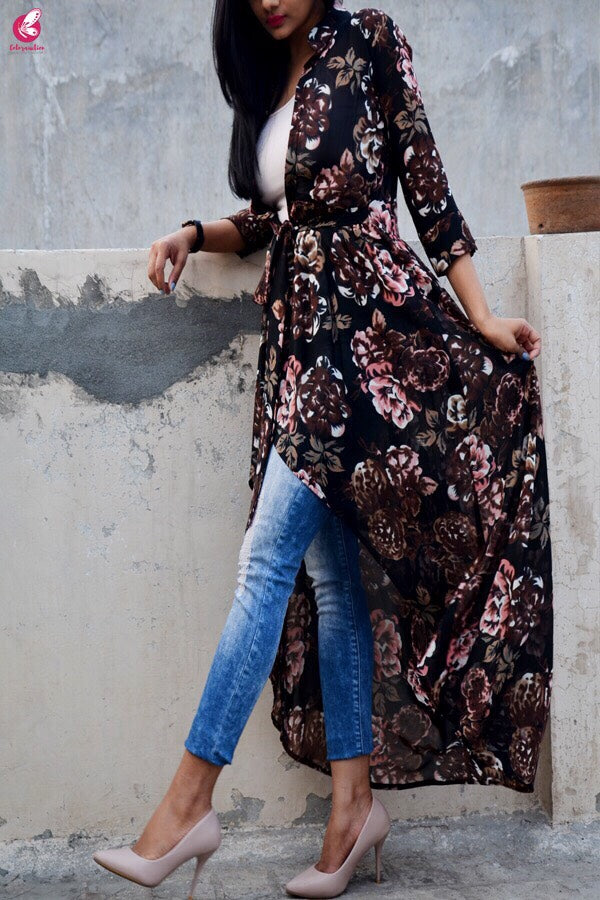Black Multicolor Georgette Floral Long Shrug