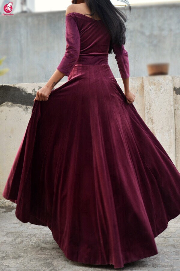 Wine Velvet off Shoulder Padded Gown