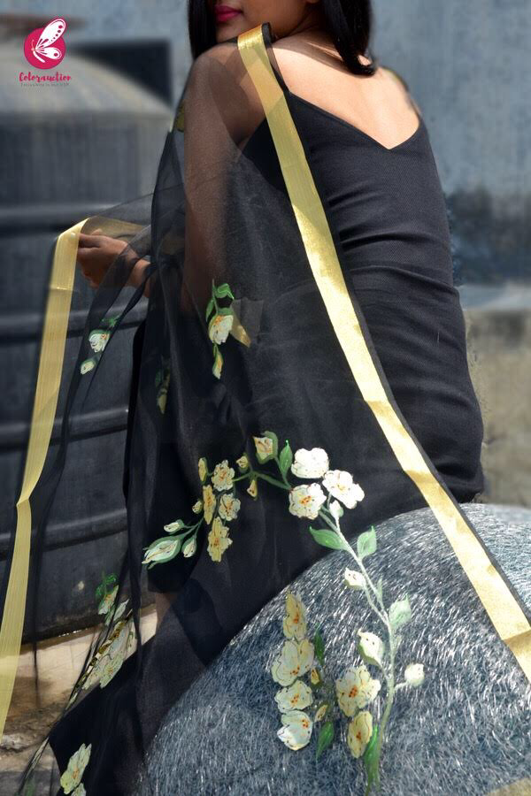 Black Organza Floral Hand Painted Stole