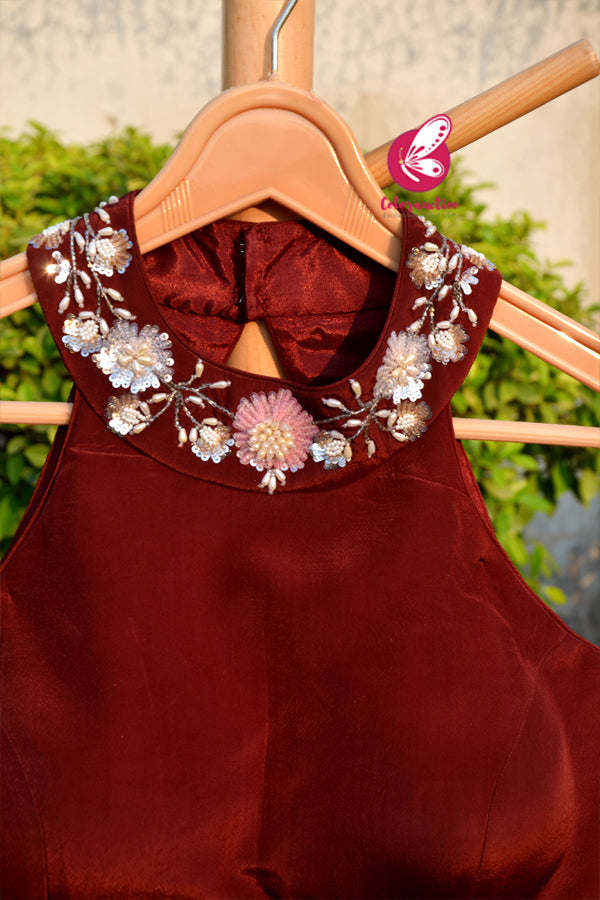 Maroon Crepe Sequins Handwork Padded Blouse