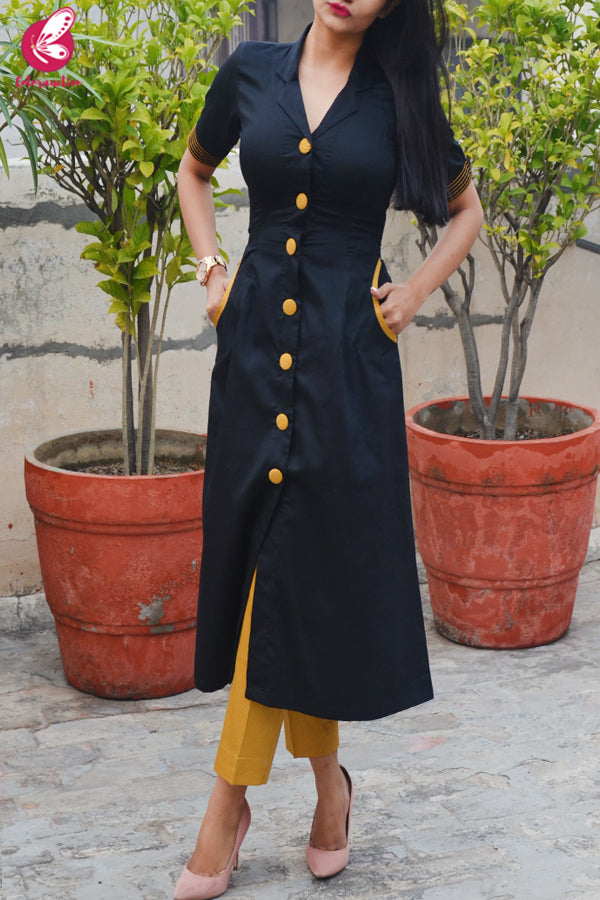 Black &amp; Mustard Cotton Silk Kurti with Mustard Stripes Cotton Silk Pants